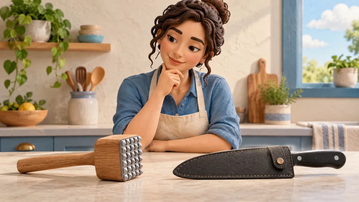Illustration: cook considering a textured meat mallet and a knife in a protective sheath