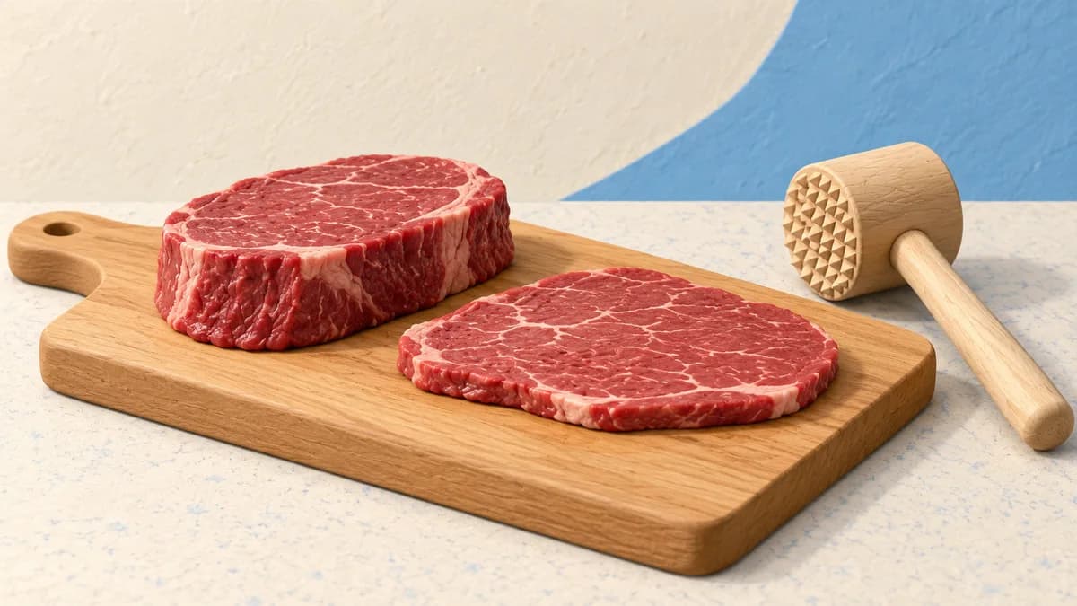 Two intact beef cutlets of different thickness beside a smooth mallet.