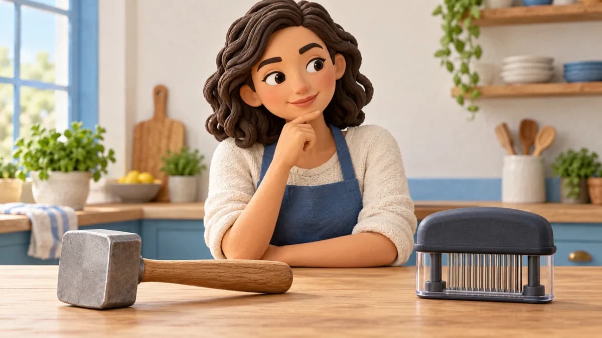 Illustration: cook comparing a flat-faced mallet and a guarded multi-blade tenderizer