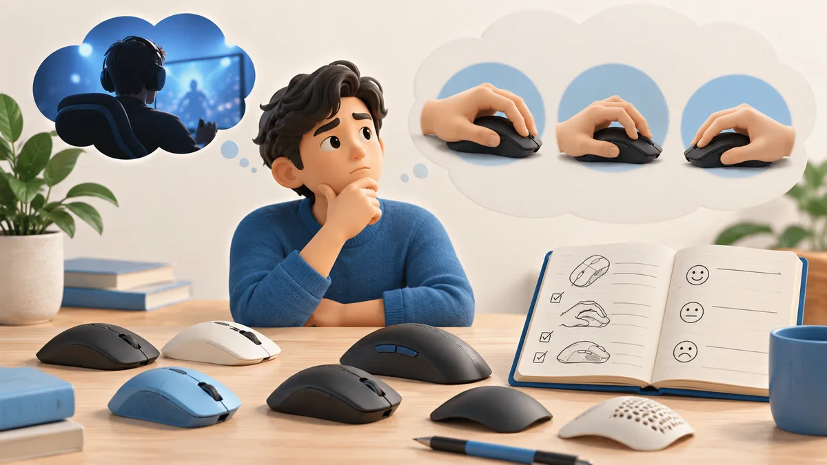 Illustration: A gamer considering different mouse shapes and grips.