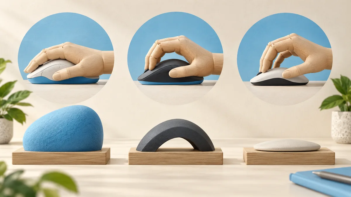 Illustration: Three hand positions above differently shaped mouse profiles.