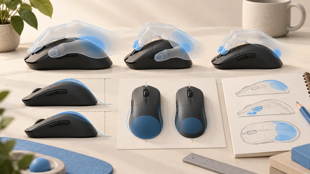 Illustration: Different mouse profiles with illustrated hand-contact areas.