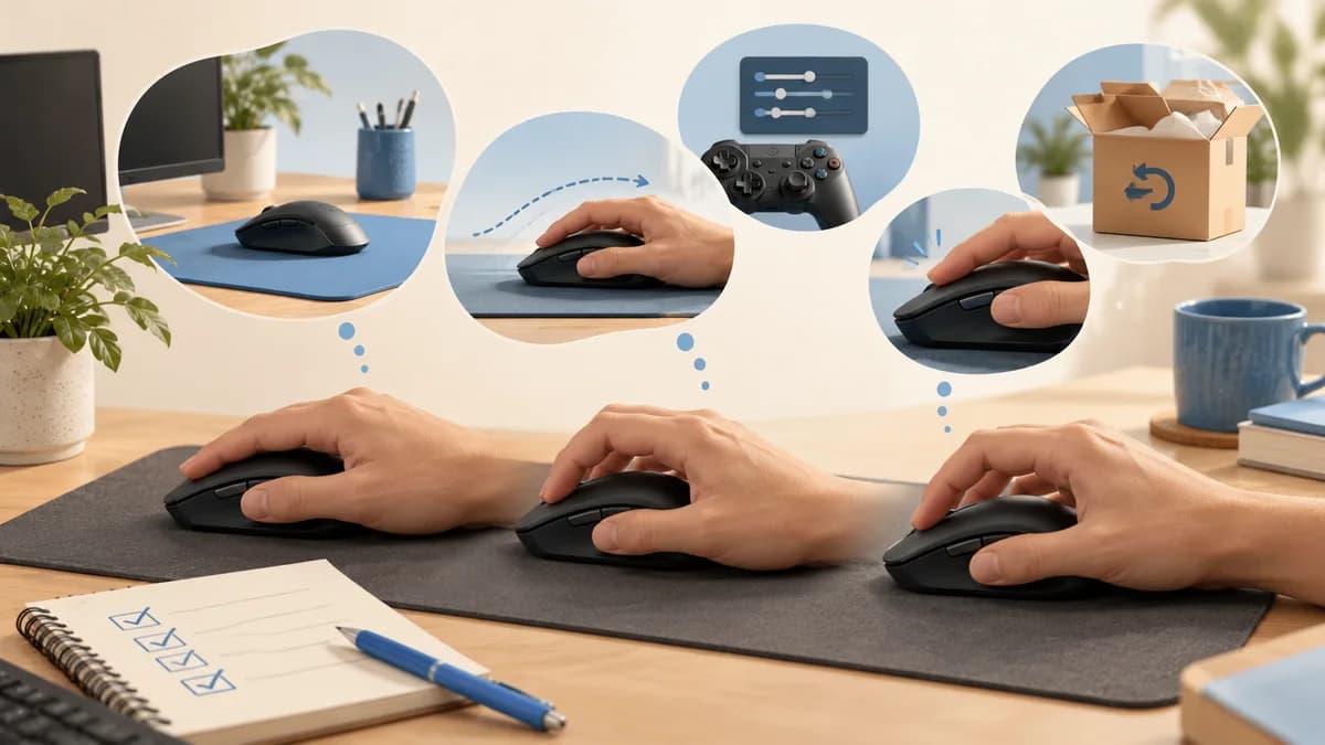 Illustration: Hands trying several mice beside a notebook for observations.