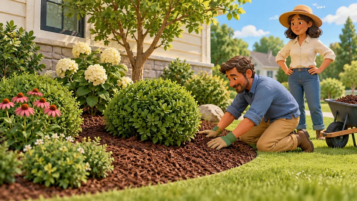 Illustration: two gardeners maintaining an organically mulched shrub bed