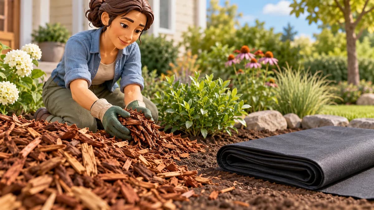 Illustration: gardener examining wood mulch beside a folded roll of landscape fabric