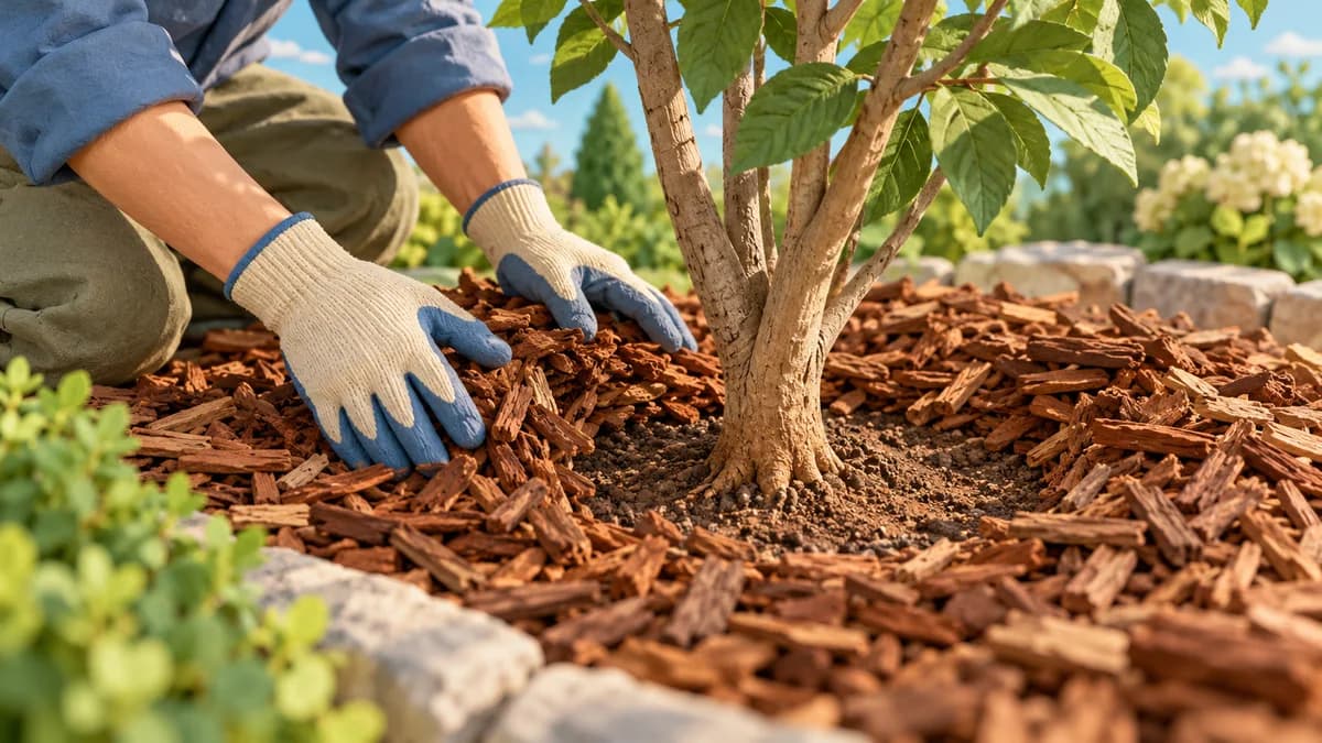 Illustration: gloved hands keeping wood mulch away from the base of a small tree