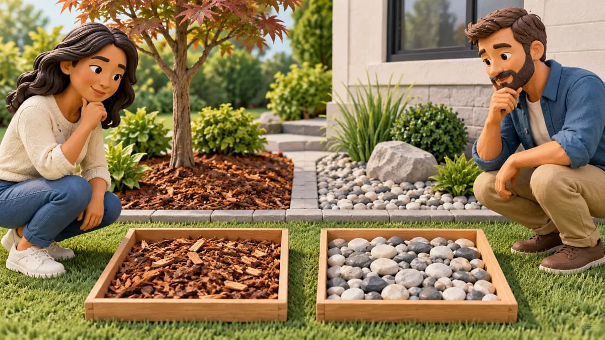 Illustration: two gardeners comparing wood-chip and decorative-stone samples