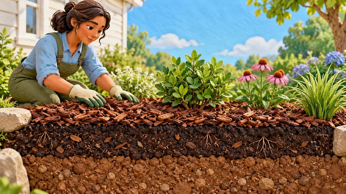 Illustration: cutaway of a planting bed showing mulch above soil and plant roots