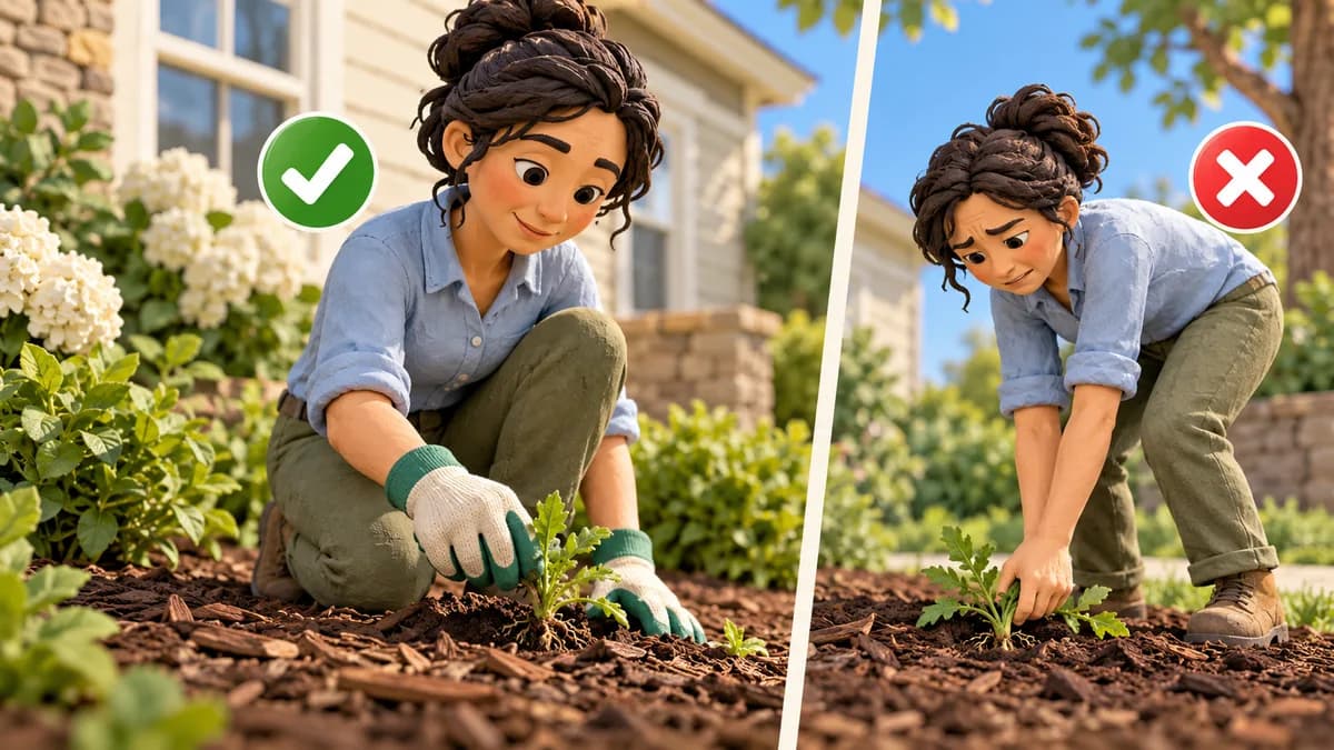 Illustration: side-by-side scenes of removing a small weed and tackling a larger established weed