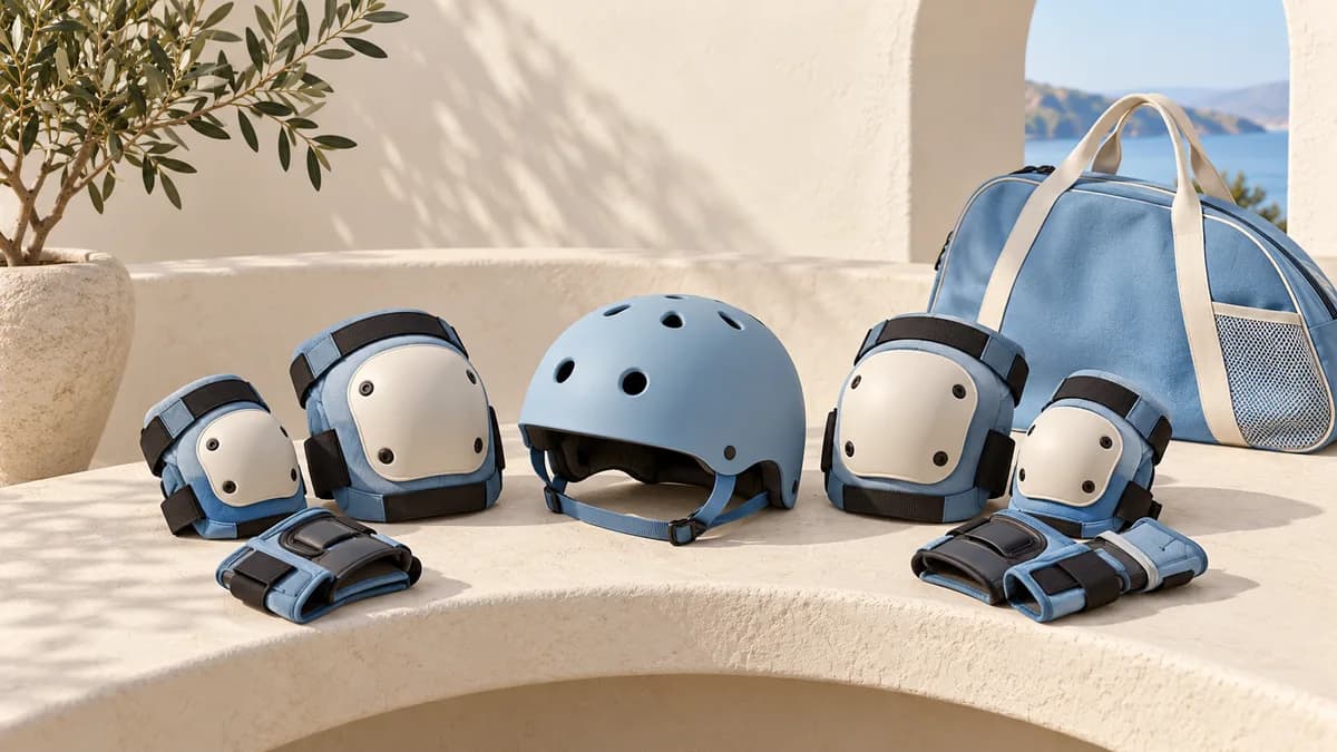 Illustration: Skating helmet, wrist guards and protective pads beside a bag.