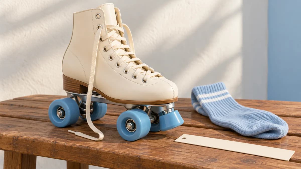 Illustration: A quad roller skate with loosened laces beside a sock on a bench.
