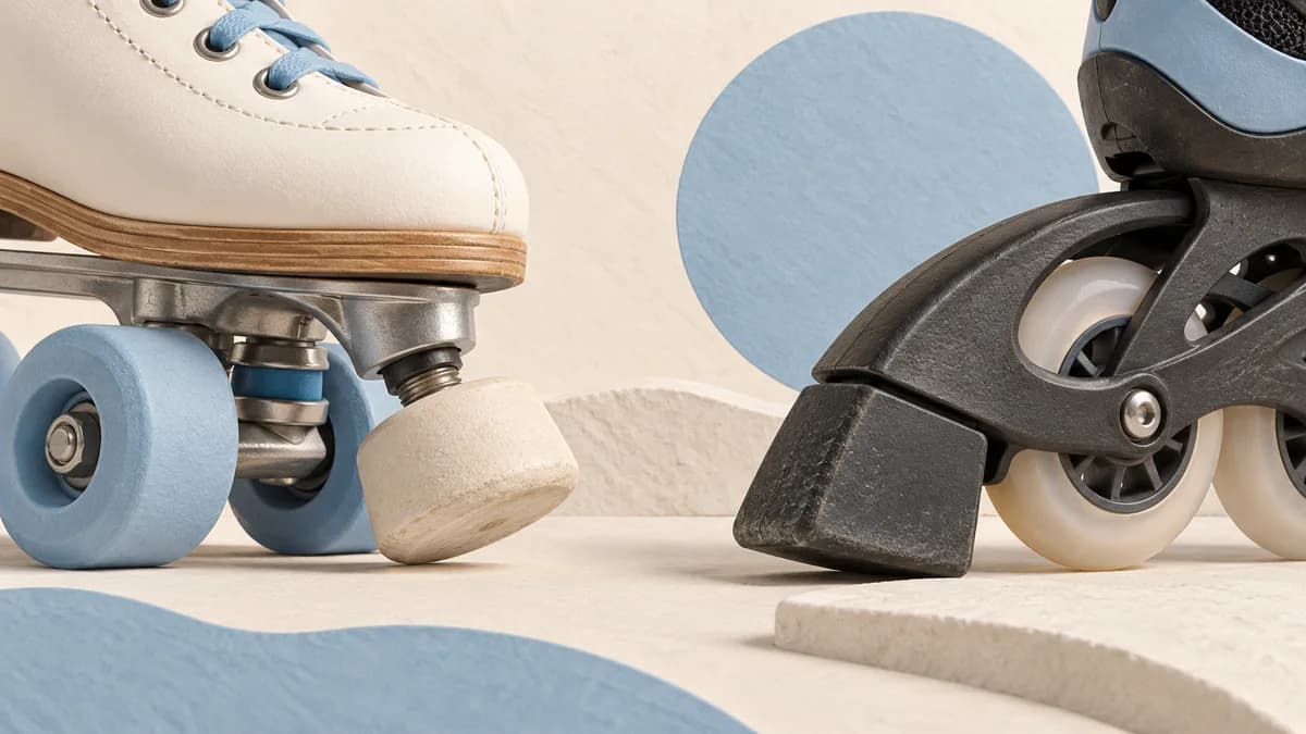 Illustration: Close views of a quad skate toe stop and an inline skate heel brake.