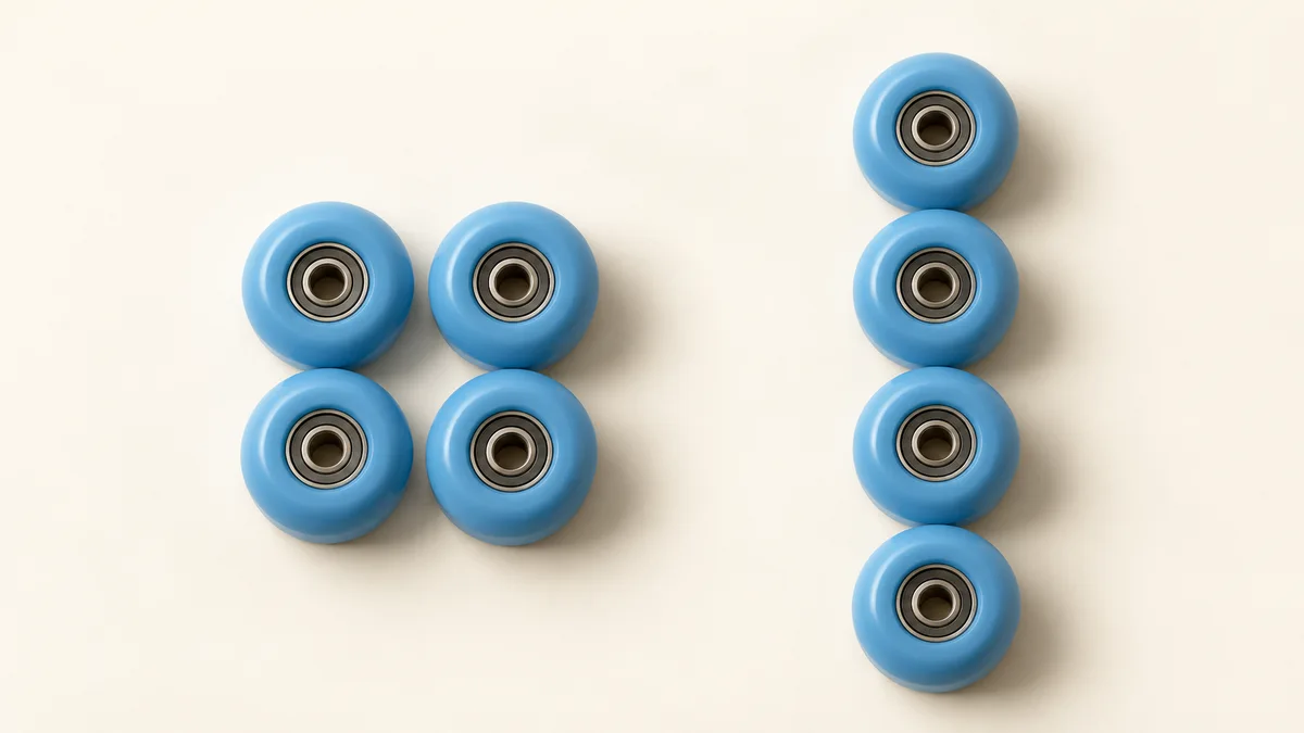 Illustration: Four wheels in two pairs beside four wheels arranged in a straight line.