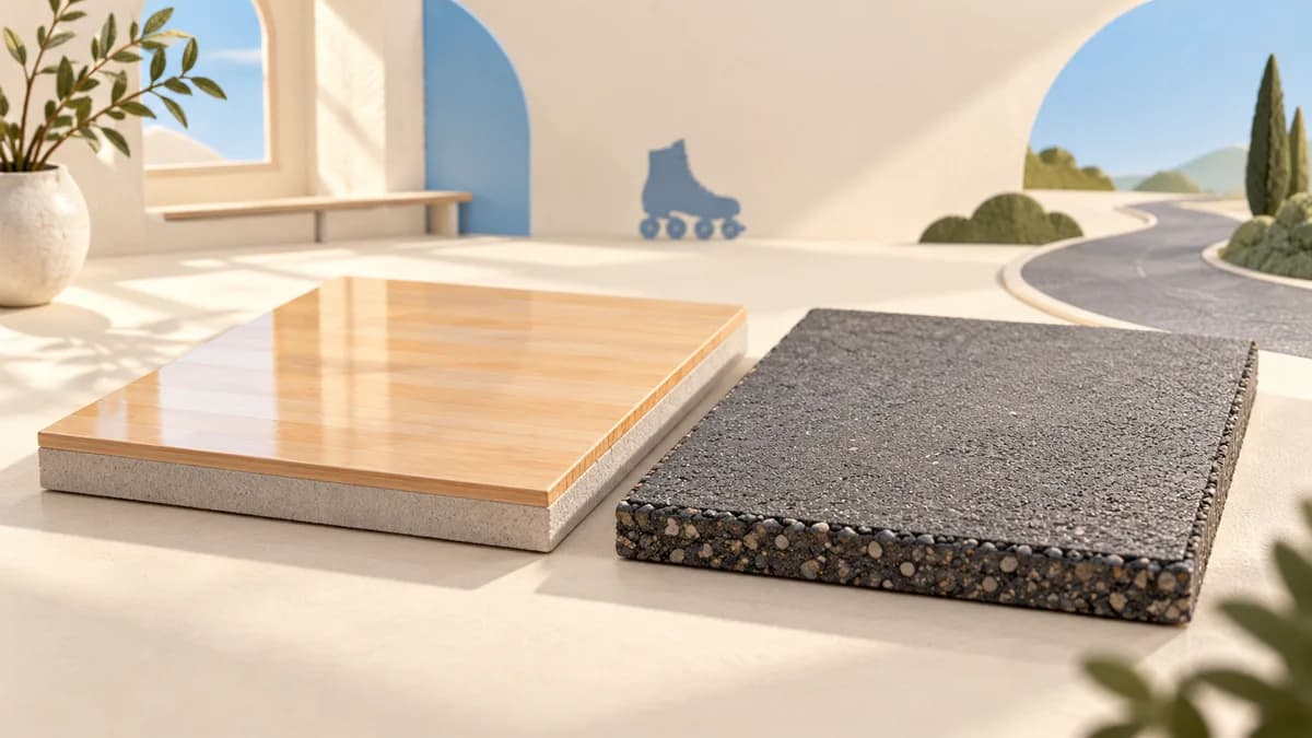 Illustration: Smooth wooden flooring and textured pavement samples beside a stylized outdoor scene.