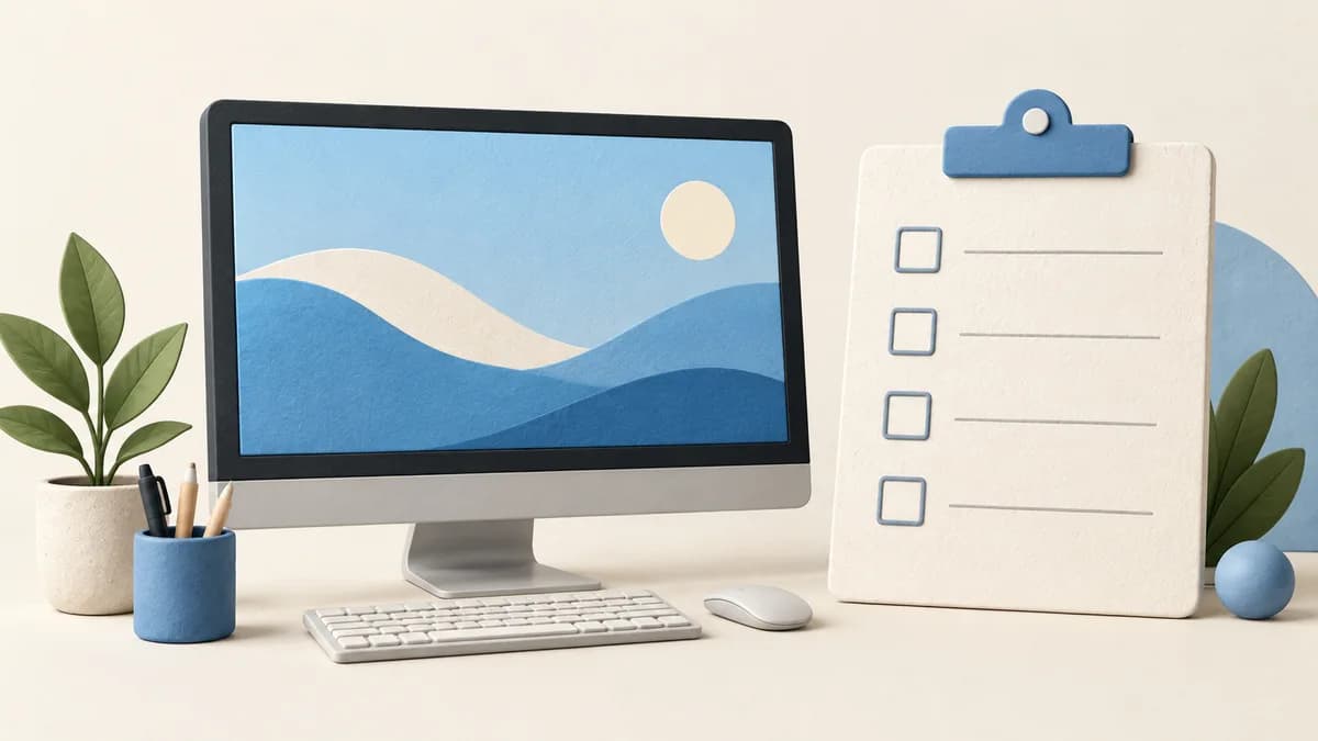 Illustration: Desktop computer beside a blank buying checklist