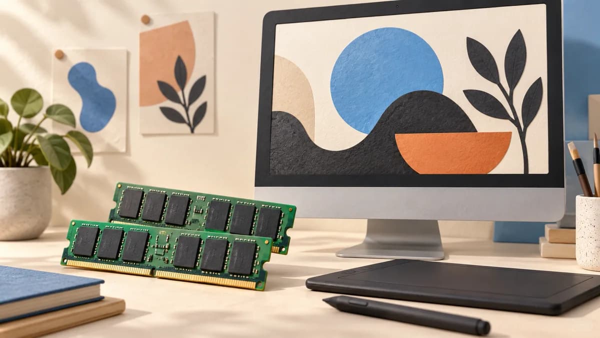 Illustration: RAM modules on a desk below a monitor