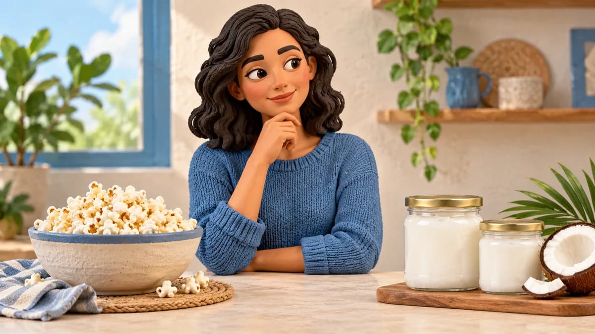 A person considers two coconut-oil jars beside popcorn and a coconut half.