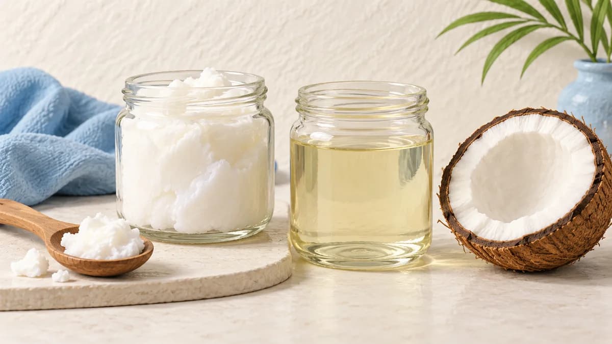 Two jars of coconut oil beside a coconut half in a neutral comparison.