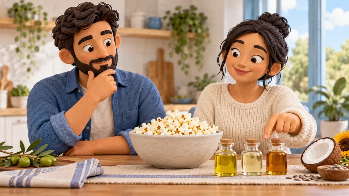 Two people compare small oil bottles beside a bowl of popcorn and a coconut half.