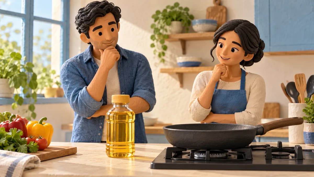 Two people consider a frying pan on a stove beside a bottle of cooking oil.