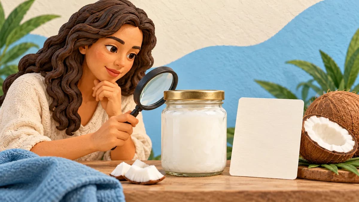 A person examines a jar of coconut oil with a magnifying glass beside a blank label card.
