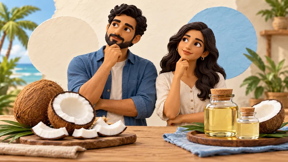 Two people consider coconut halves and jars of pale and golden oils.