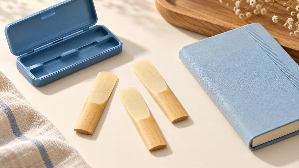 Illustration: Finished cane reeds beside a protective case