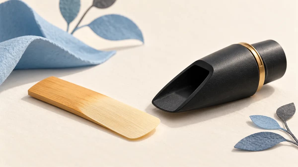 Illustration: A saxophone mouthpiece beside a finished cane reed
