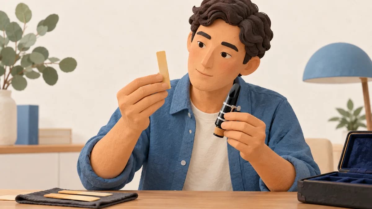 Illustration: A musician examining a reed and mouthpiece