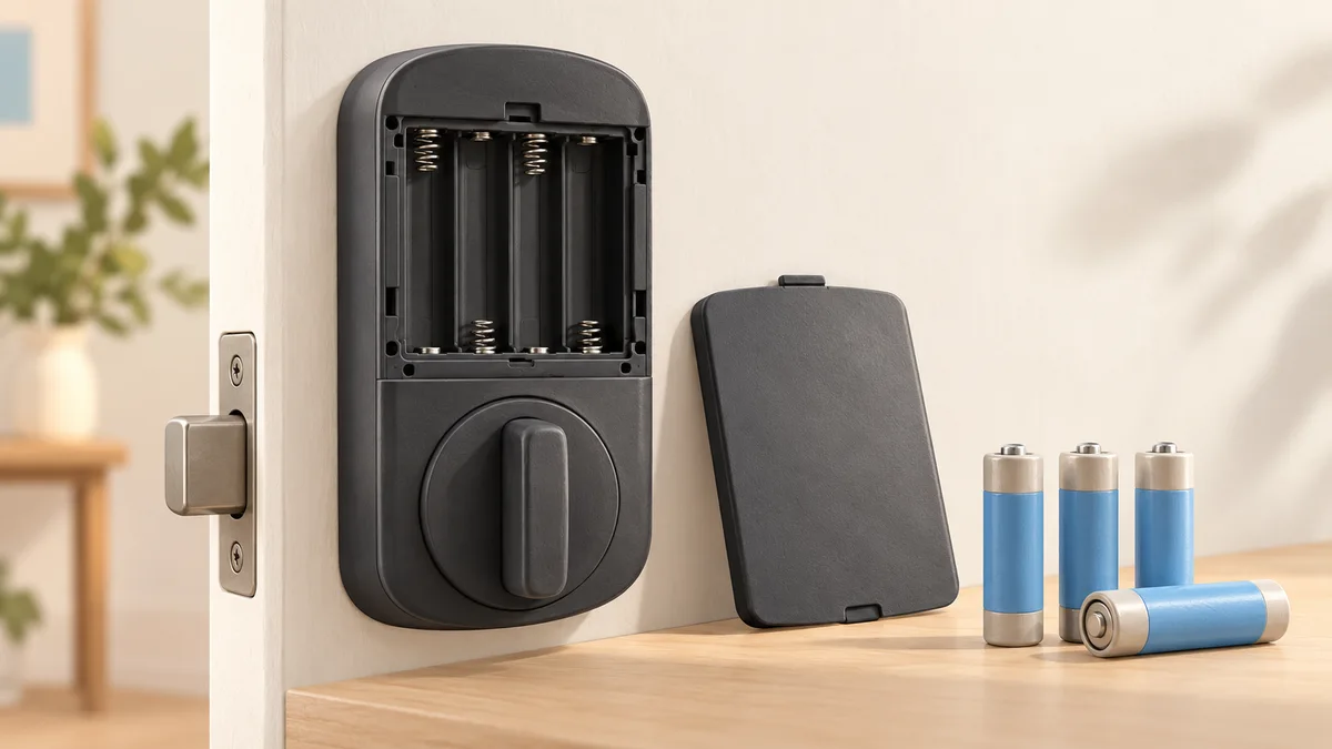 Illustration: Open lock battery compartment beside replacement batteries