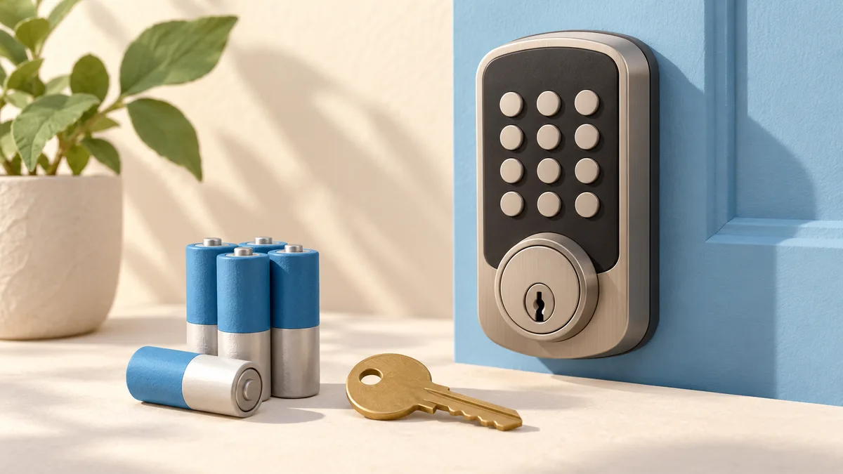 Illustration: Smart lock beside batteries and a physical key