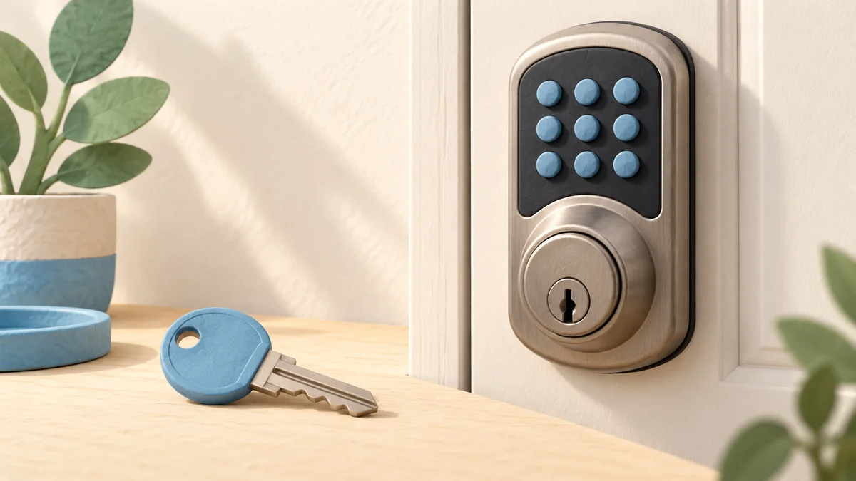 Illustration: Physical key beside a keypad lock