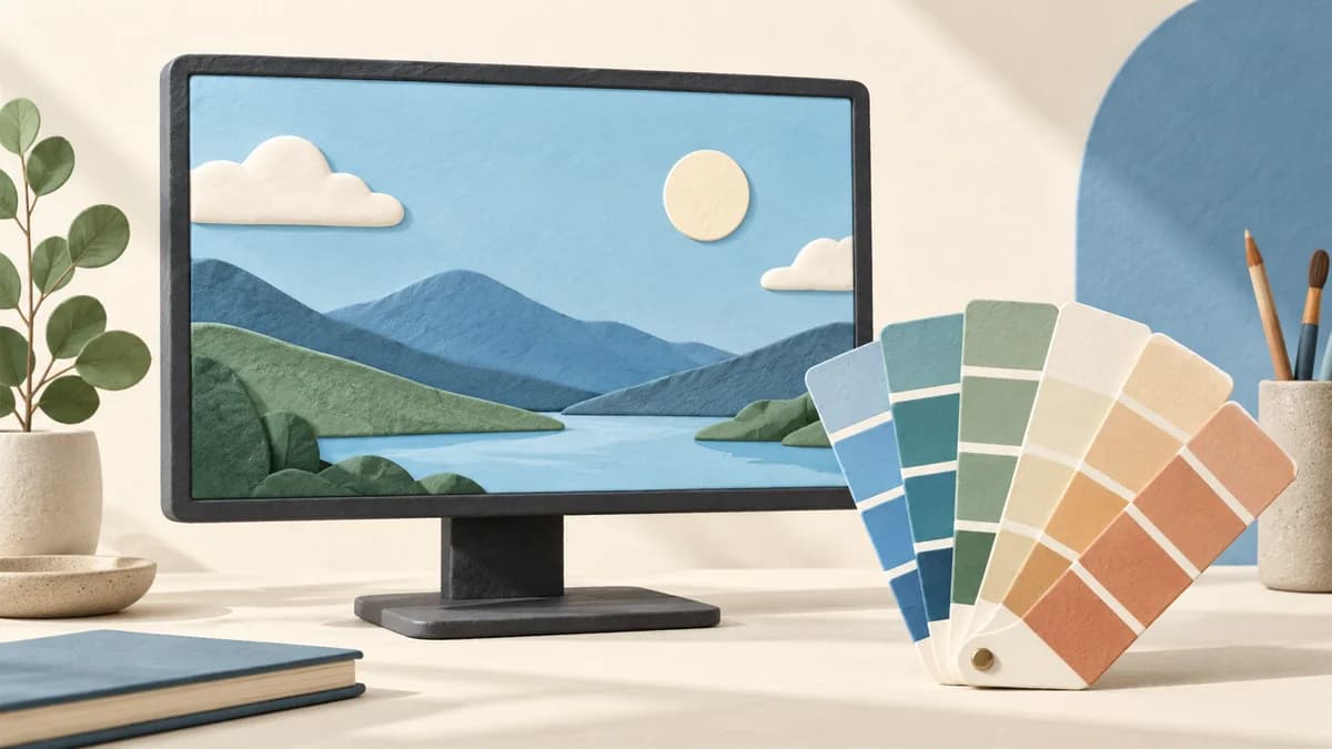 Illustration: Monitor beside a fan of color samples