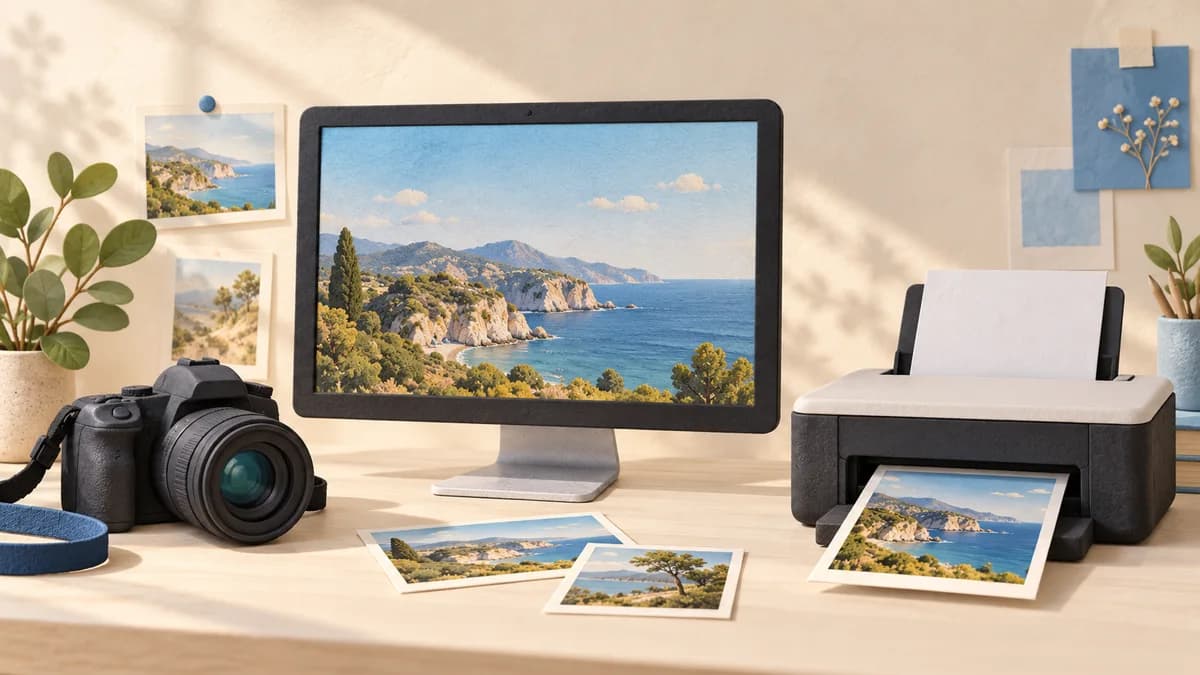 Illustration: Camera, monitor and printer in a workspace