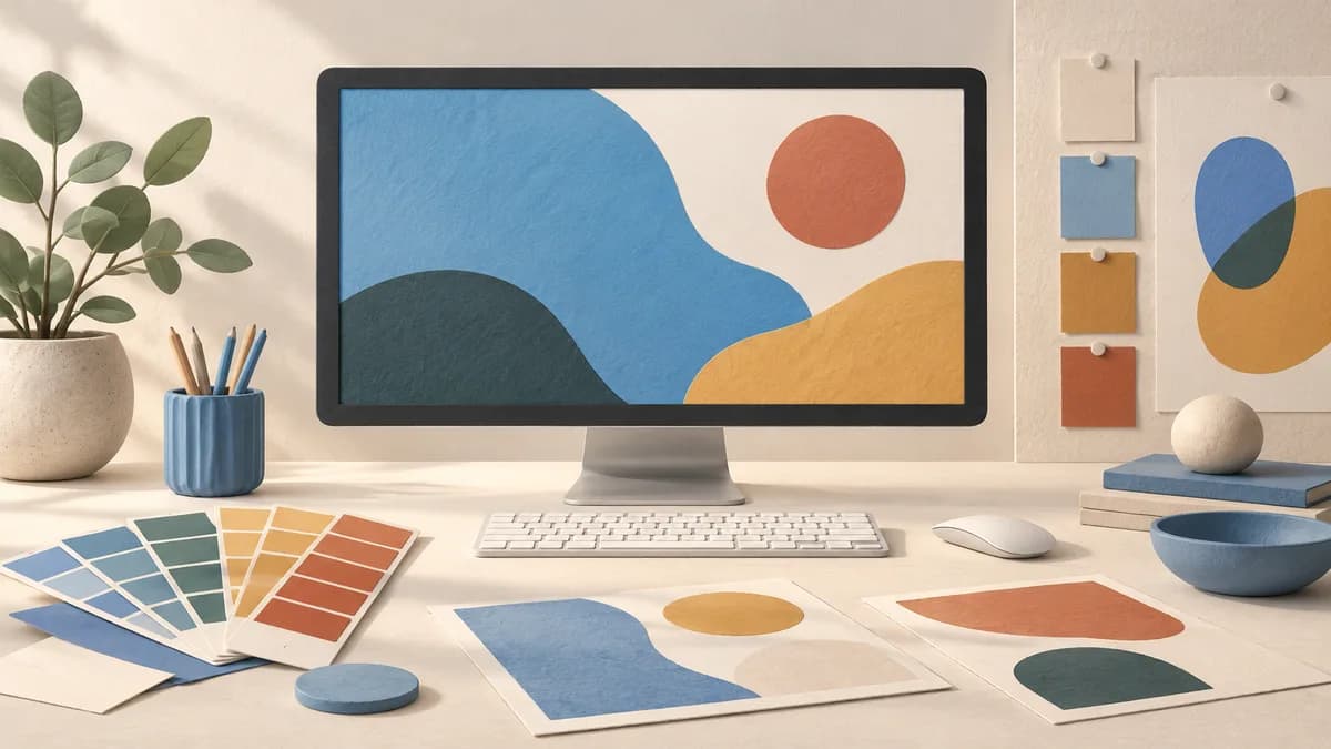 Illustration: Design monitor beside printed color samples