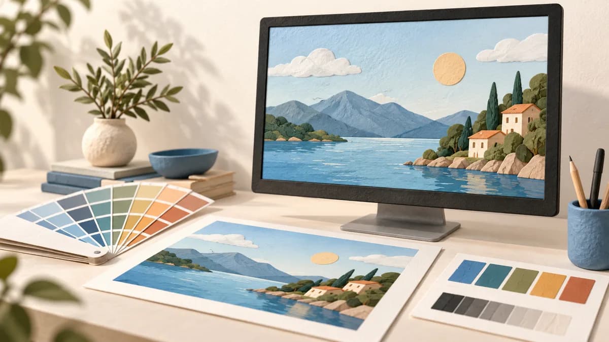 Illustration: Printed landscape image and color swatches beside a monitor