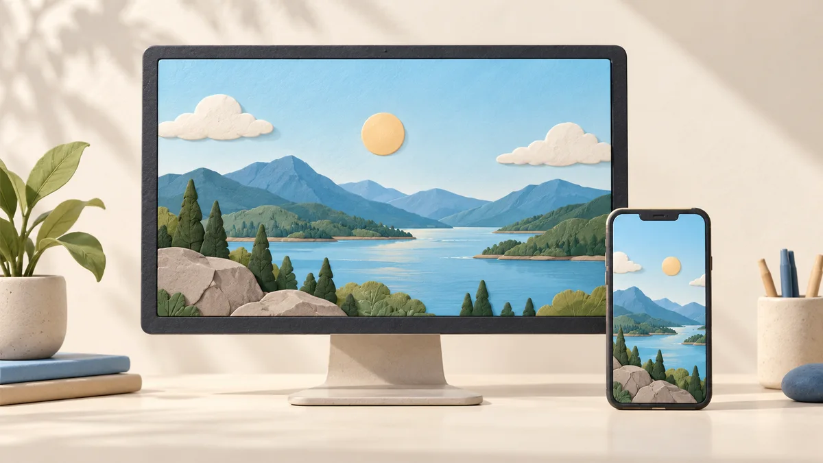 Illustration: Desktop and phone showing a landscape image