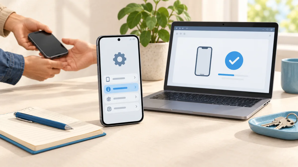 Illustration: A phone and laptop showing conceptual device-check screens.