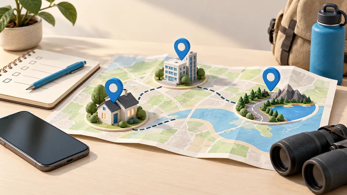 Illustration: A folded map with location markers beside a phone and travel bag.