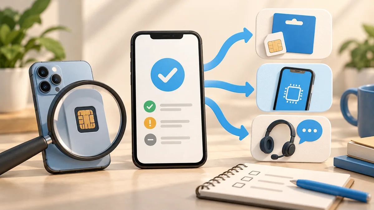 Illustration: A phone compatibility result illustrated beside SIM and support symbols.