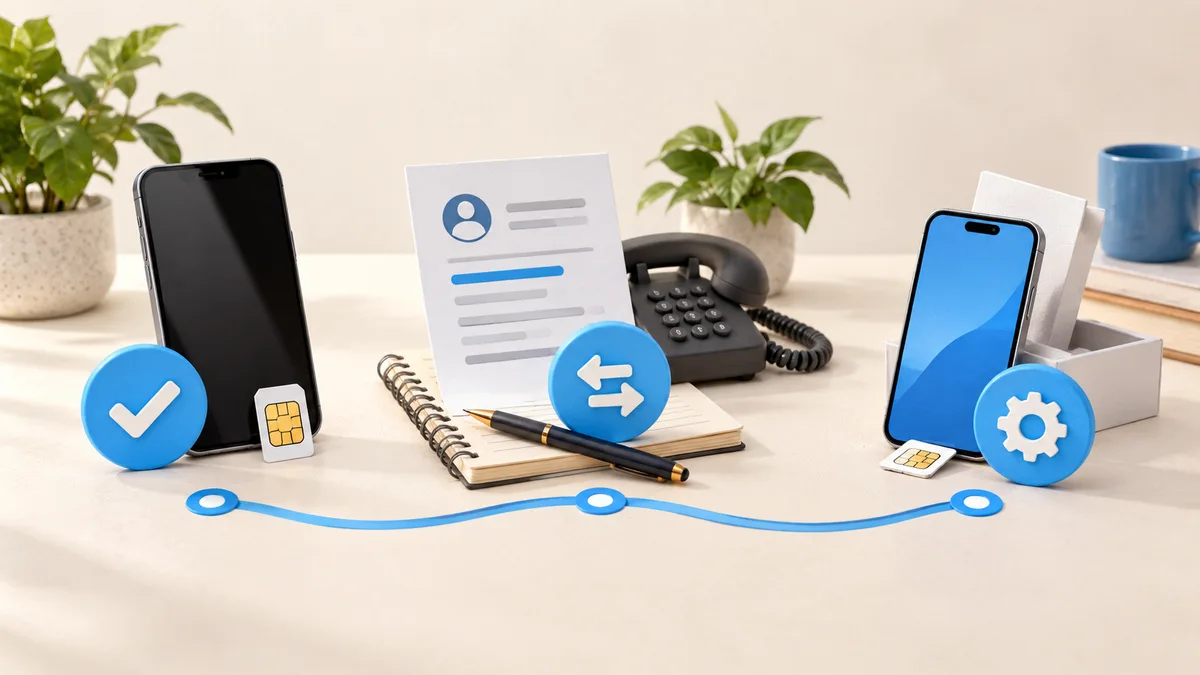 Illustration: Two phones and account documents with transfer arrows.