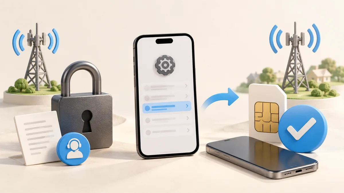 Illustration: A padlock, phone and SIM card illustrating separate unlocking and compatibility checks.