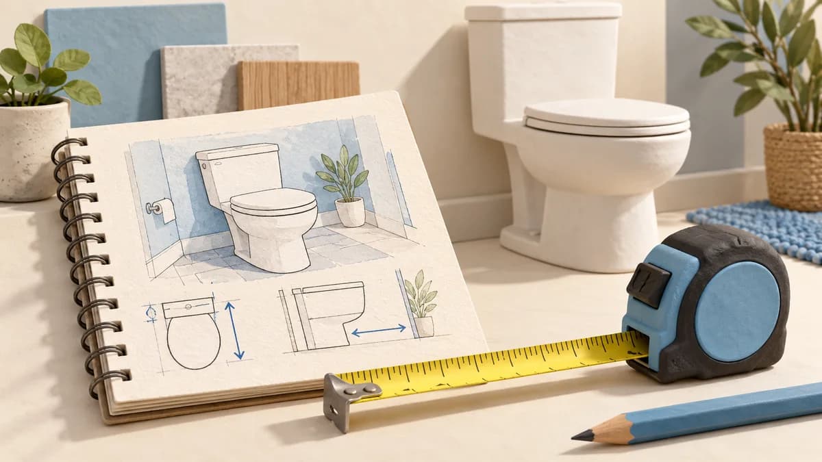 Illustration: Bathroom planning notebook and tape measure