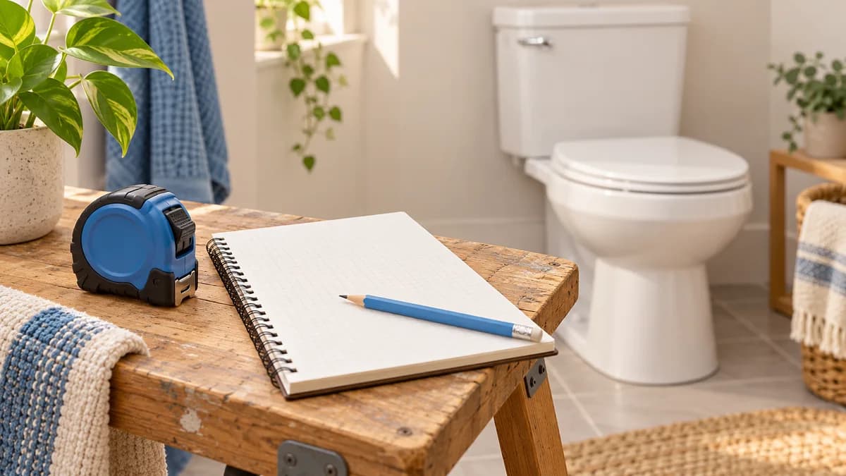 Illustration: Closed tape measure and planning notebook beside a toilet
