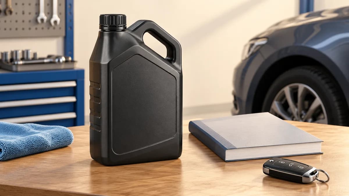Illustration: Automotive fluid container beside a car manual