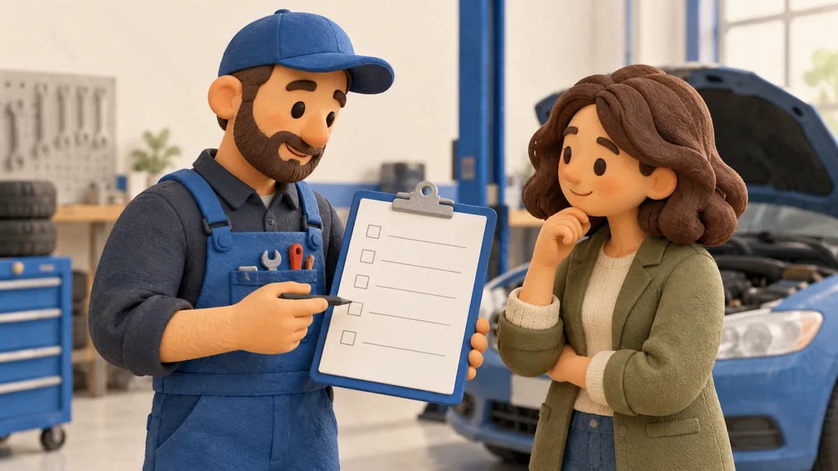 Illustration: Mechanic discussing a service checklist with a driver