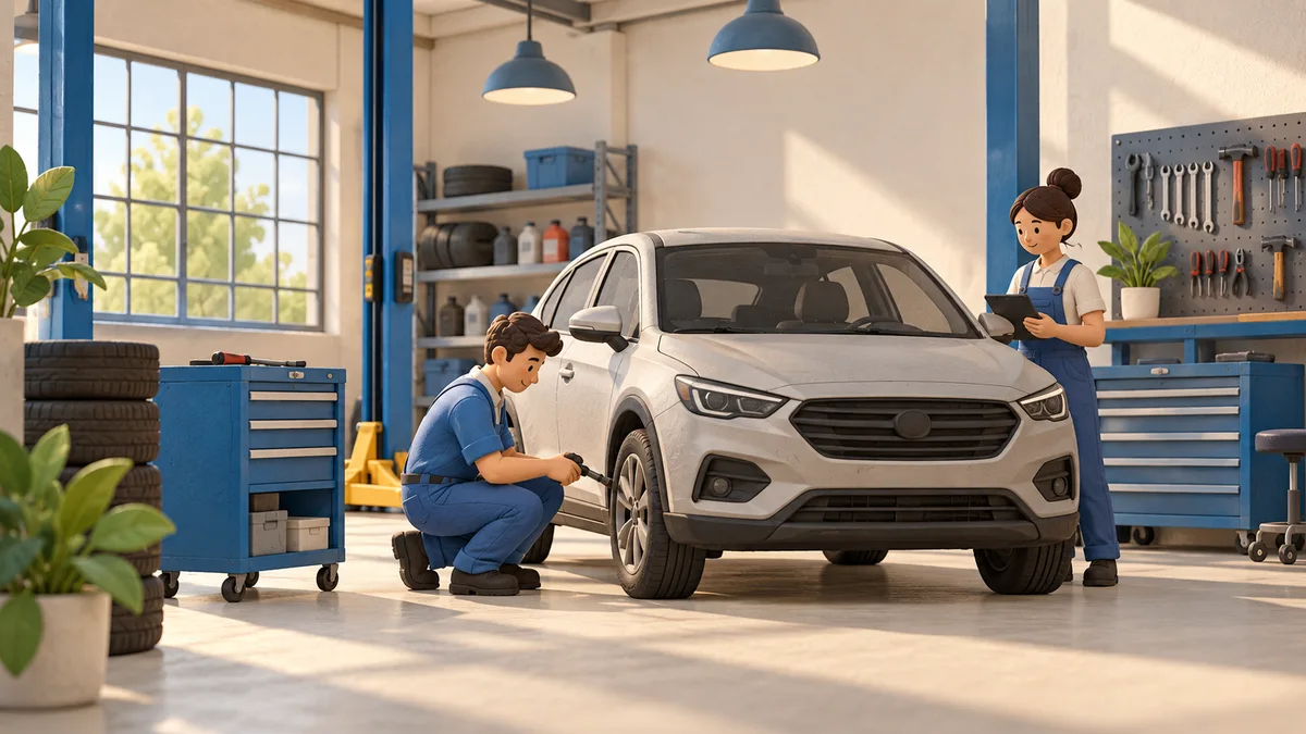 Illustration: Mechanics inspecting a car in a workshop