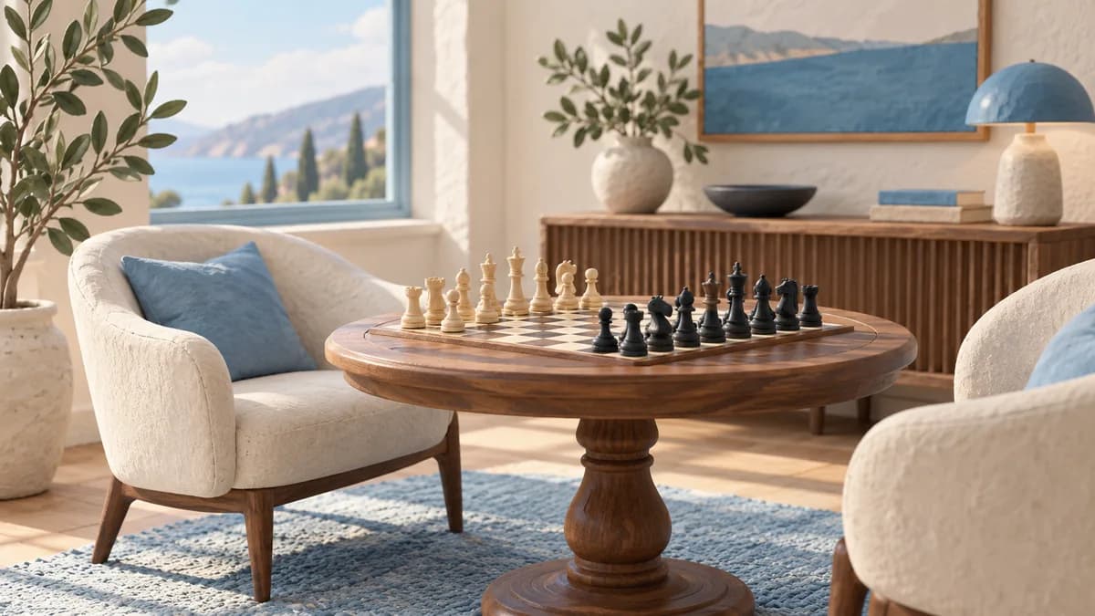 Illustration: Chessboard on a stable table between two armchairs