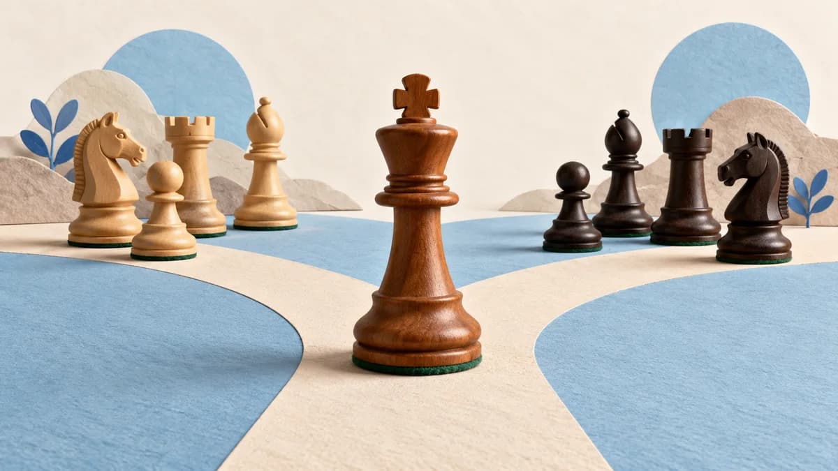 Illustration: Wooden chess pieces arranged on ivory and blue surfaces
