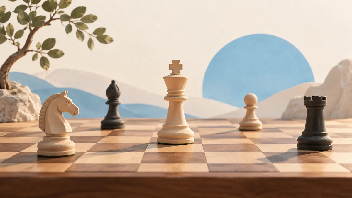Illustration: Spaced chess pieces on a wooden board